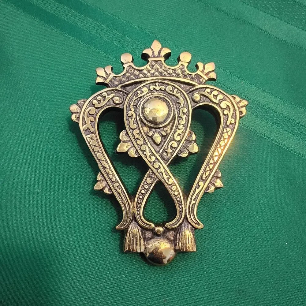 Vintage Brass Door Knocker Ornate Paisley Arabesque Shield Crown Antique